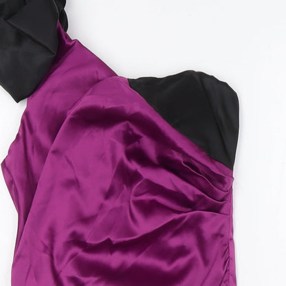Close-up detail of AX women’s purple polyester bodycon, size UK 8, one shoulder zip