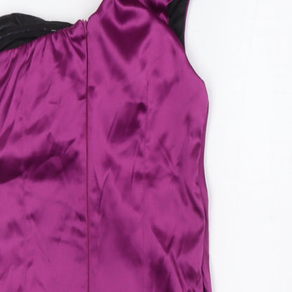 Brand and care label for AX women’s purple polyester bodycon, size UK 8, one shoulder zip