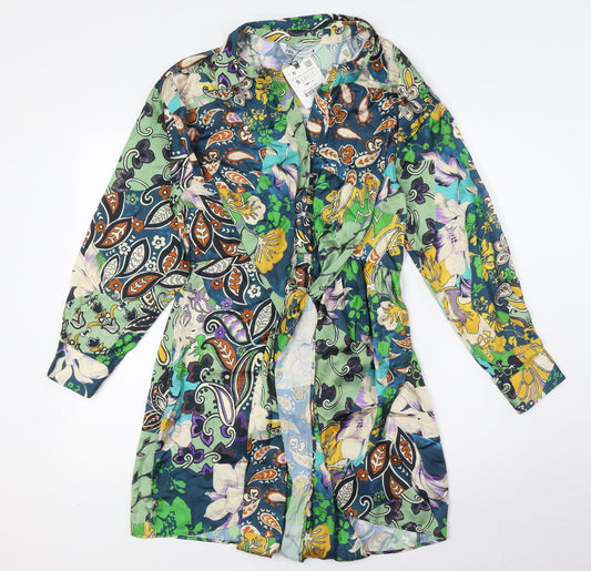 Zara Womens Multicoloured Polyester A-Line Size S Collared - Tie Front