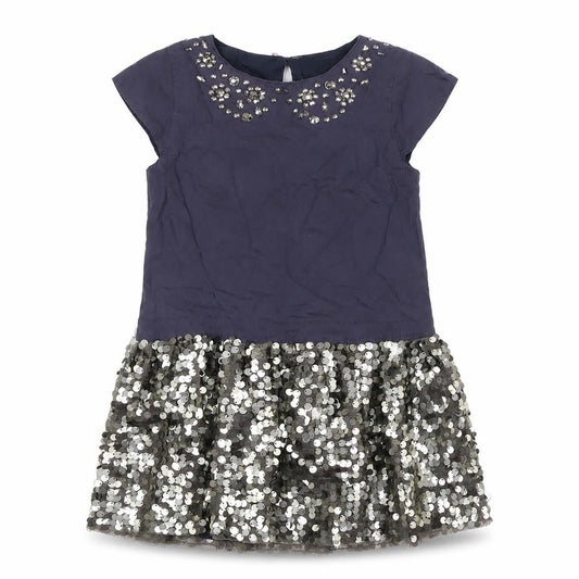 John Lewis Girls Blue Viscose A-Line Size 5 Years Round Neck - Sequins