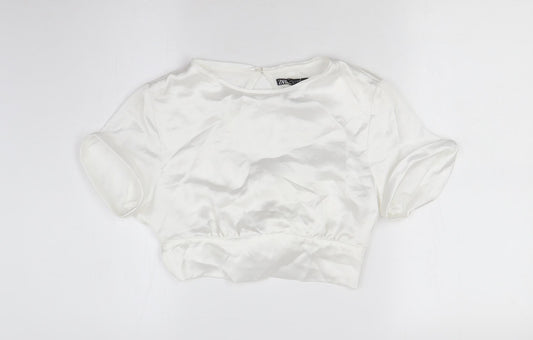 Zara Womens White Polyester Cropped Blouse Size S Round Neck