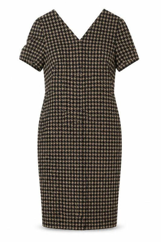 Marks & Spencer Womens Beige Houndstooth Polyester Pencil Dress Size 10 V-Neck Zip
