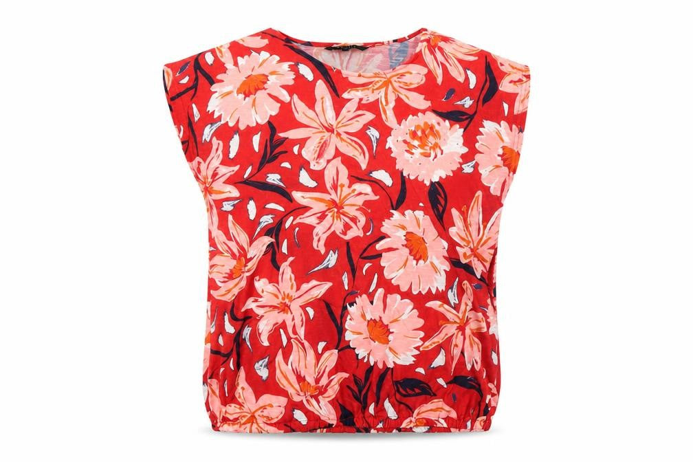 Bonmarché Womens Red Floral Polyester Basic Blouse Size 12 Boat Neck - Elasticated Waist