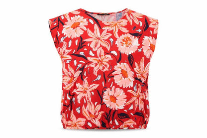Bonmarché Womens Red Floral Polyester Basic Blouse Size 12 Boat Neck - Elasticated Waist