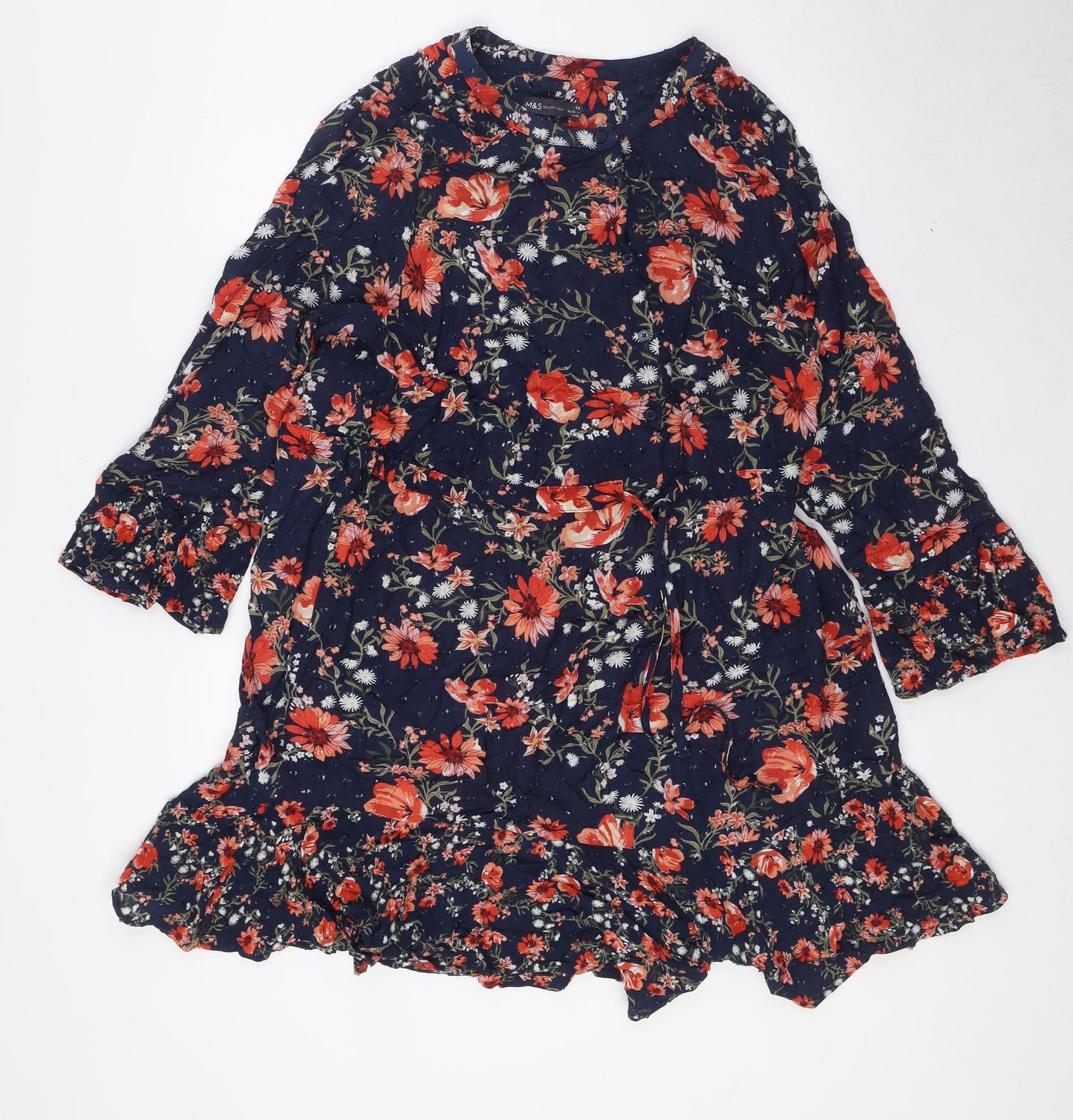 Marks and Spencer Womens Blue Floral Viscose A-Line Size 14 Round Neck Button