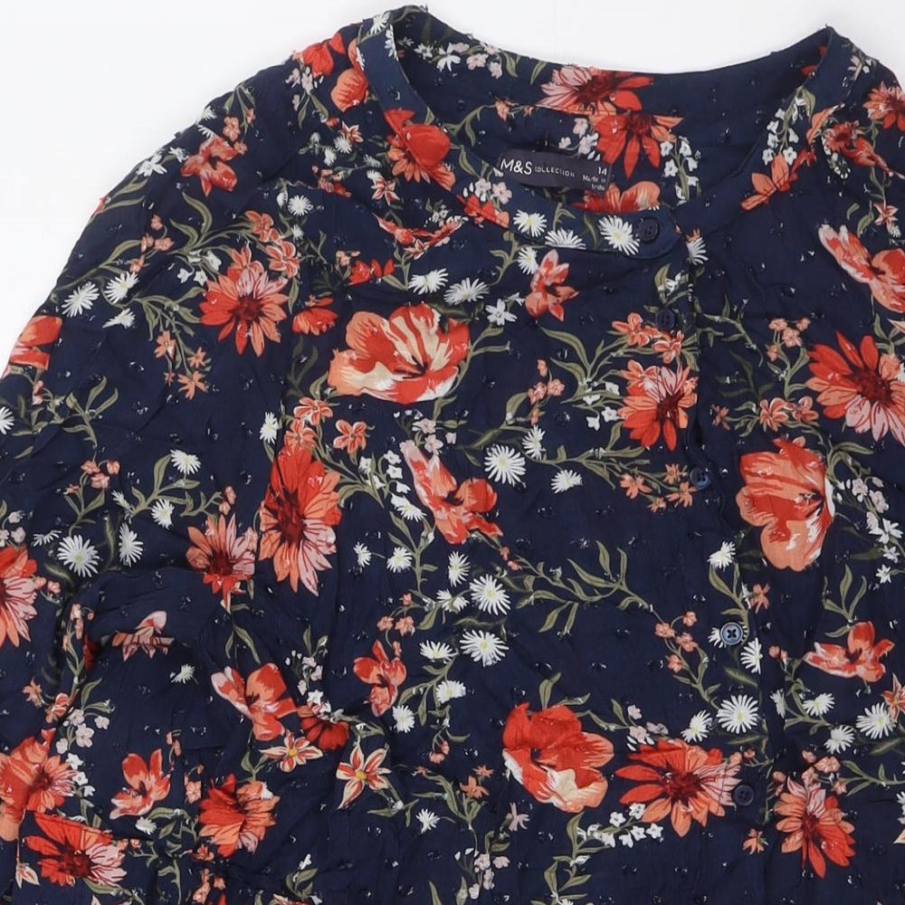 Marks and Spencer Womens Blue Floral Viscose A-Line Size 14 Round Neck Button