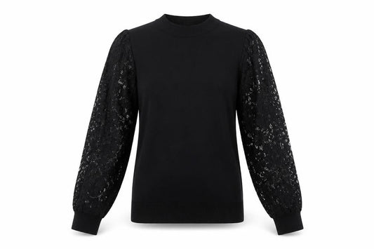 Front view of Lipsy girls’ black viscose basic blouse, size 13-14, years crew neck - lace sleeves