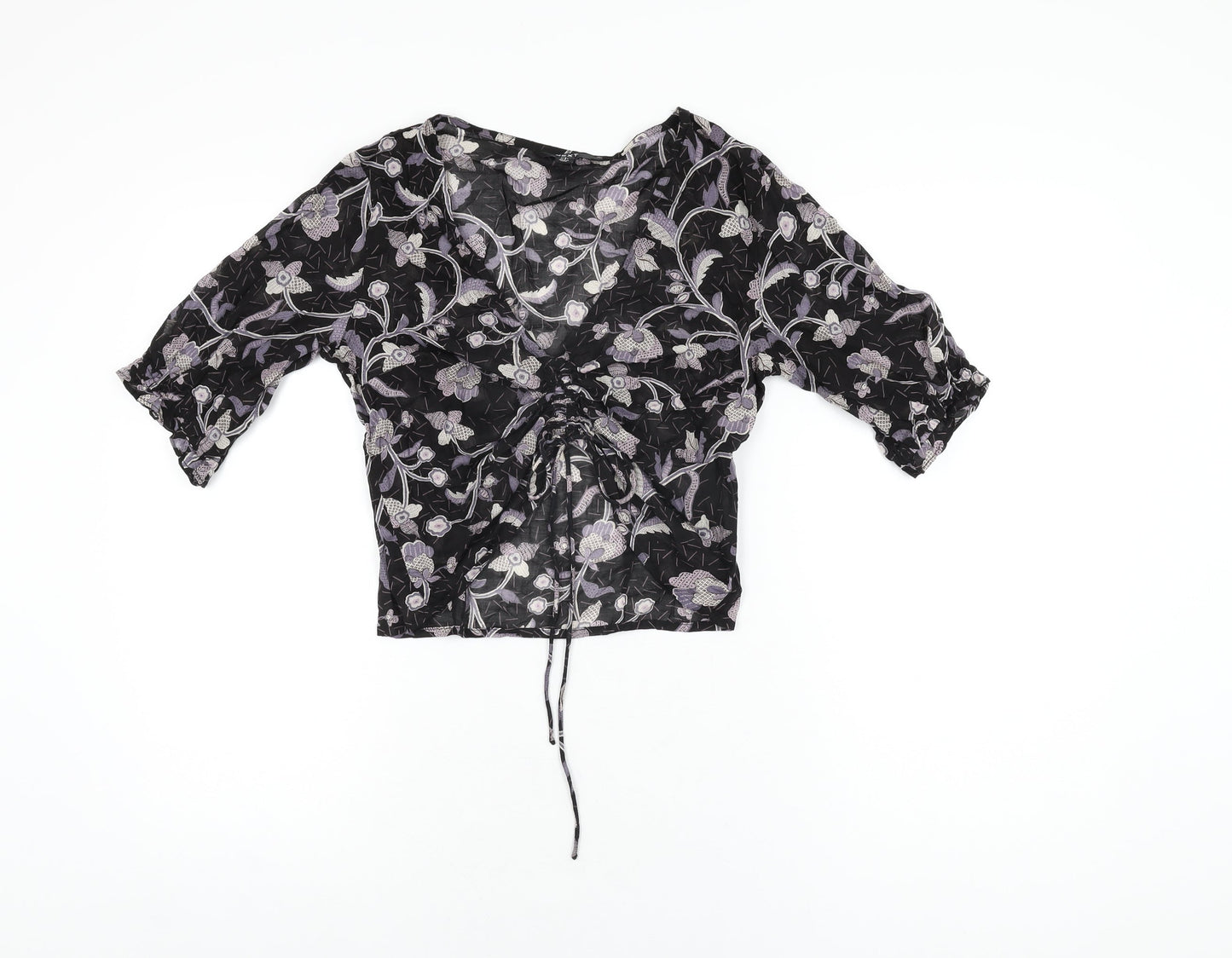 NEXT Womens Black Floral Polyester Cropped T-Shirt Size 6 V-Neck