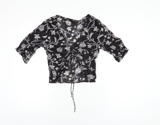 NEXT Womens Black Floral Polyester Cropped T-Shirt Size 6 V-Neck