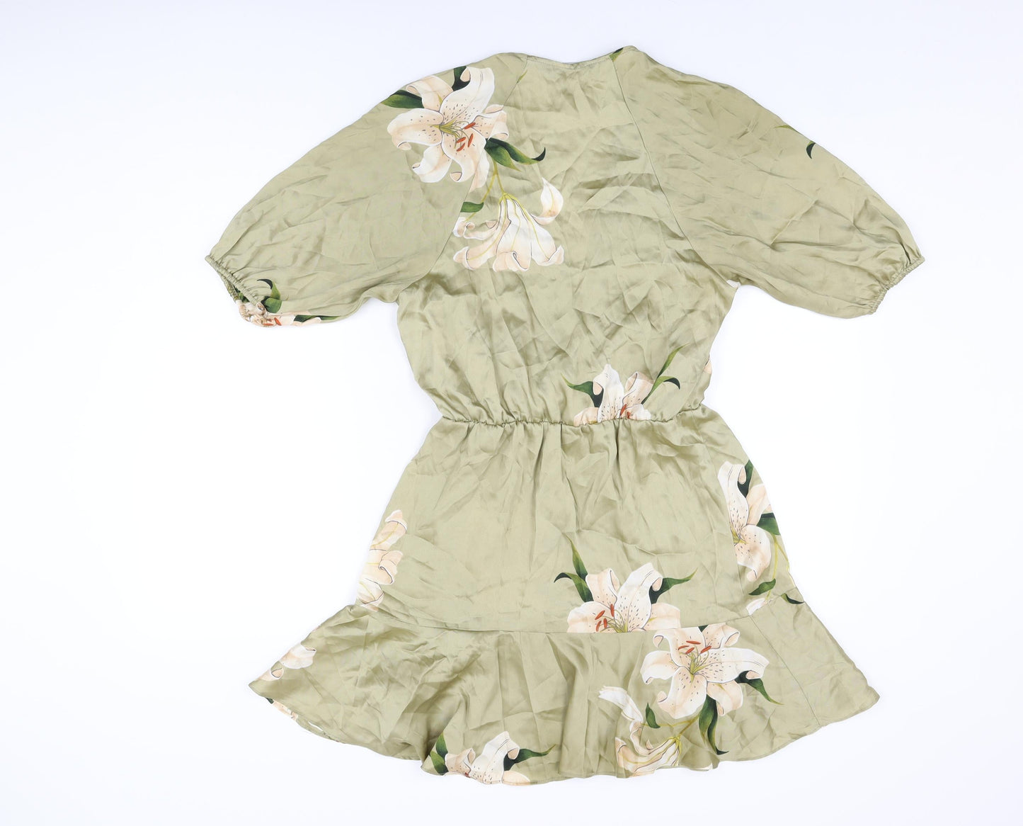 Zara Womens Green Floral Polyester Skater Dress Size XS V-Neck Pullover