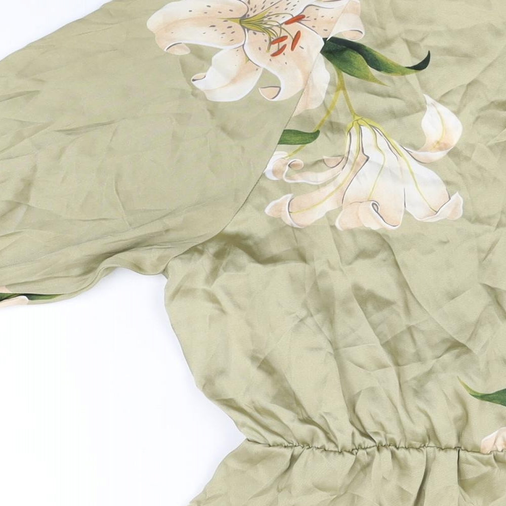 Zara Womens Green Floral Polyester Skater Dress Size XS V-Neck Pullover