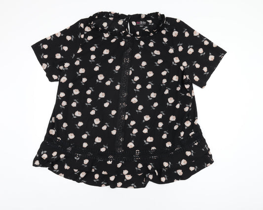 Lovedrobe Womens Black Floral Polyester Basic T-Shirt Size 26 Boat Neck