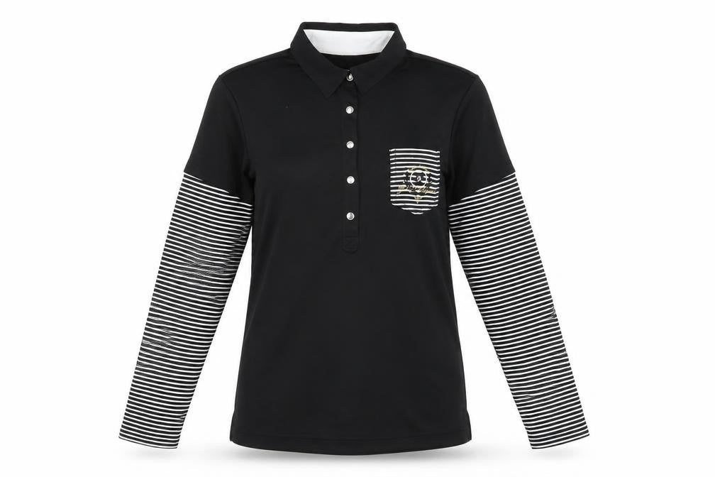 Daily Sports Womens Black Striped Polyester Basic T-Shirt Size S Collared