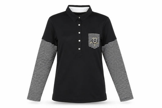 Daily Sports Womens Black Striped Polyester Basic T-Shirt Size S Collared