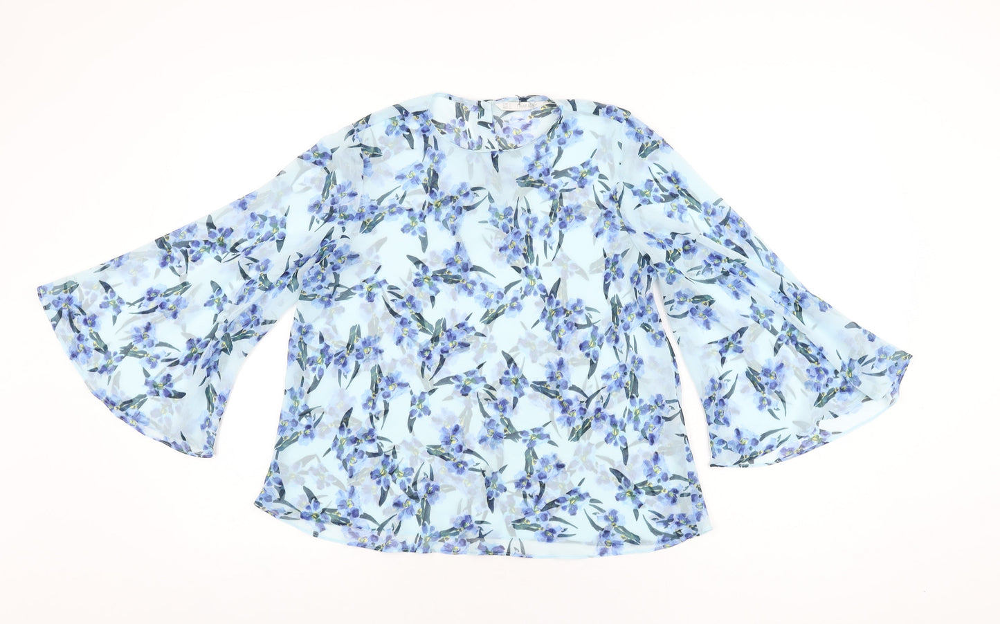 Zara Womens Blue Floral Polyester Basic Blouse Size S Round Neck