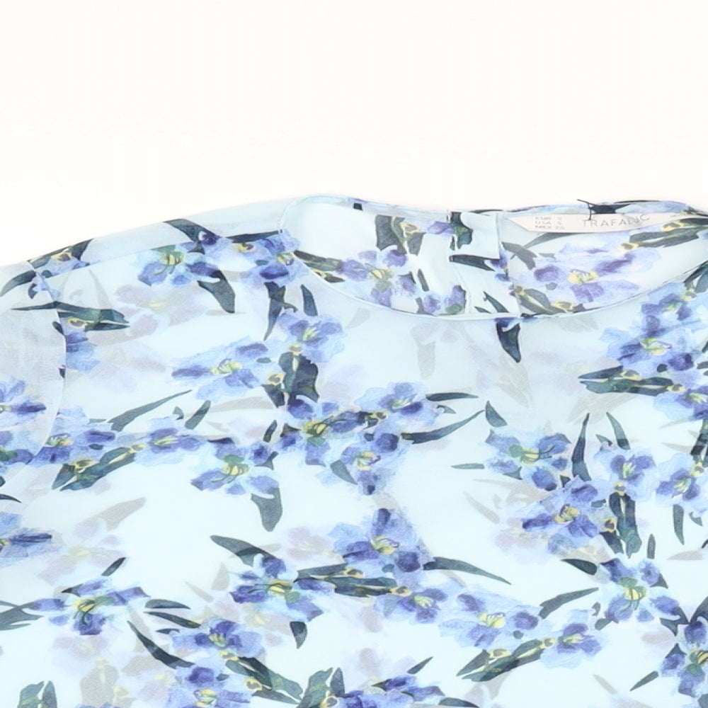 Zara Womens Blue Floral Polyester Basic Blouse Size S Round Neck