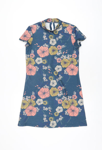 Additional front view of ASOS women’s blue floral polyester mini, size UK 6, high neck button