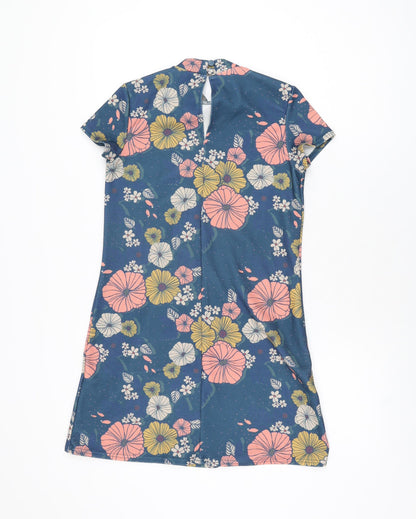 Back view of ASOS women’s blue floral polyester mini, size UK 6, high neck button