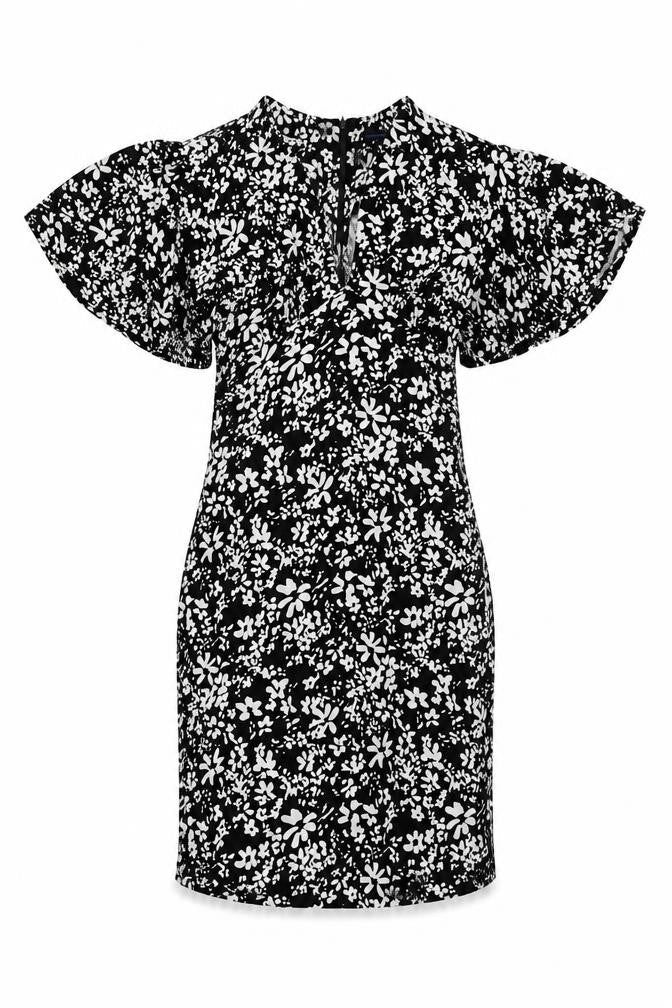 French Connection Womens Black Floral Viscose Mini Size 8 V-Neck Zip