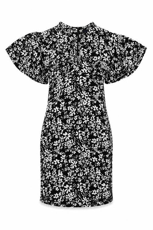 French Connection Womens Black Floral Viscose Mini Size 8 V-Neck Zip