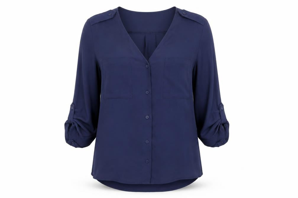 H&M Womens Blue Polyester Basic Button-Up Size 8 V-Neck