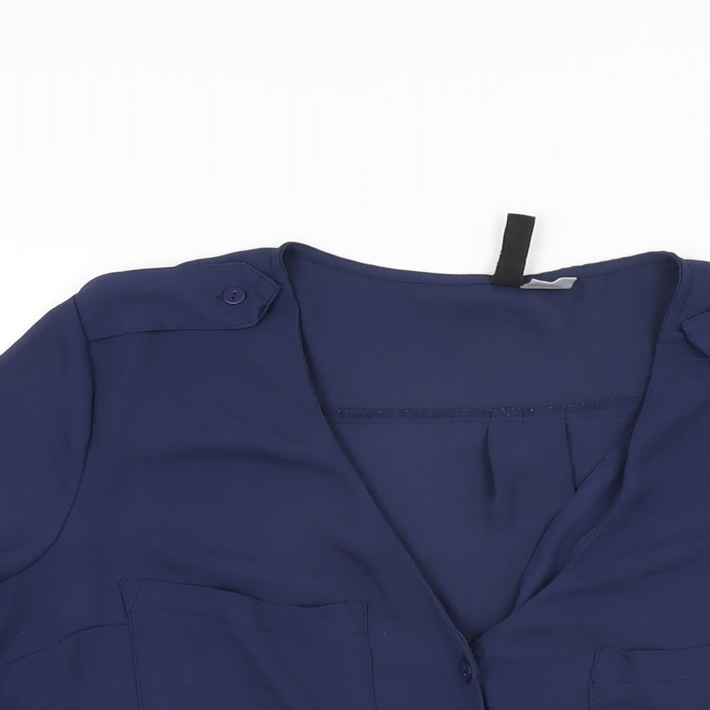H&M Womens Blue Polyester Basic Button-Up Size 8 V-Neck