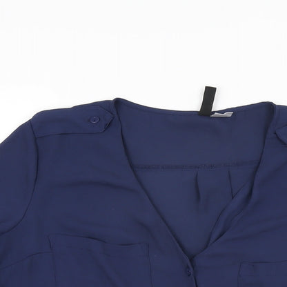 H&M Womens Blue Polyester Basic Button-Up Size 8 V-Neck