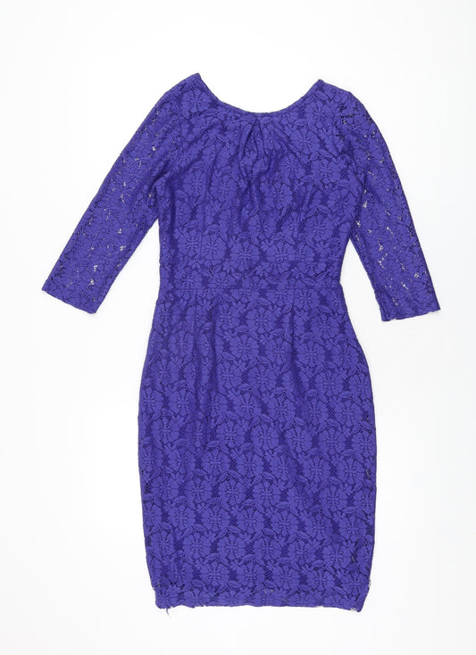 Dorothy Perkins Womens Blue Floral Cotton Bodycon Size 8 Round Neck Zip