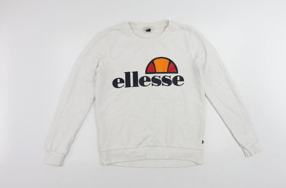 Additional front view of Ellesse women’s white cotton pullover sweatshirt, size UK 10, pullover - vintage logo