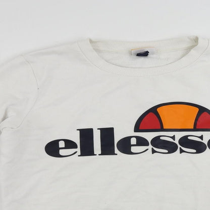 Close-up detail of Ellesse women’s white cotton pullover sweatshirt, size UK 10, pullover - vintage logo