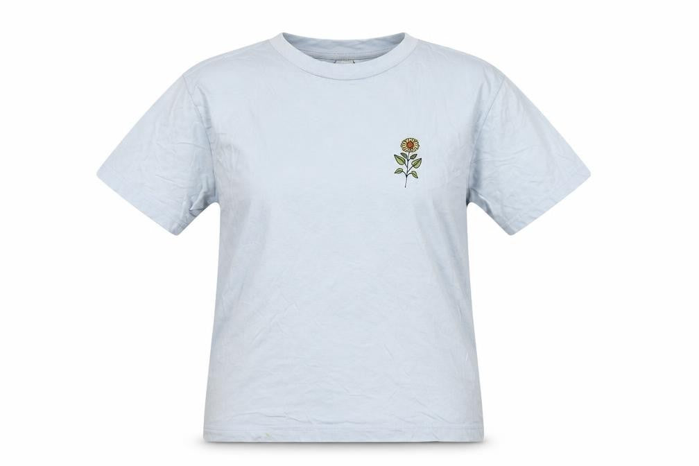 Monki Womens Blue Cotton Basic T-Shirt Size S Crew Neck - Embroidered Detail
