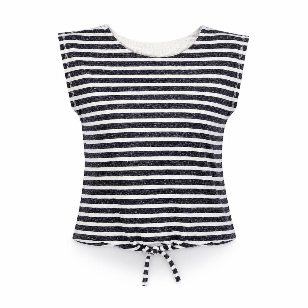 Aniston Womens Blue Striped Cotton Basic T-Shirt Size 14 Round Neck - Crochet Detail