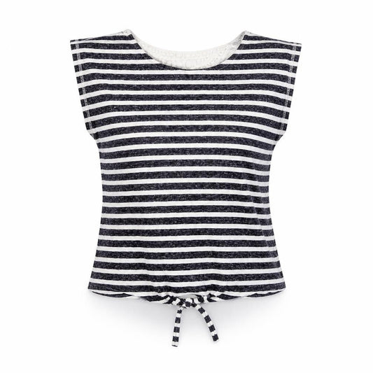 Aniston Womens Blue Striped Cotton Basic T-Shirt Size 14 Round Neck - Crochet Detail