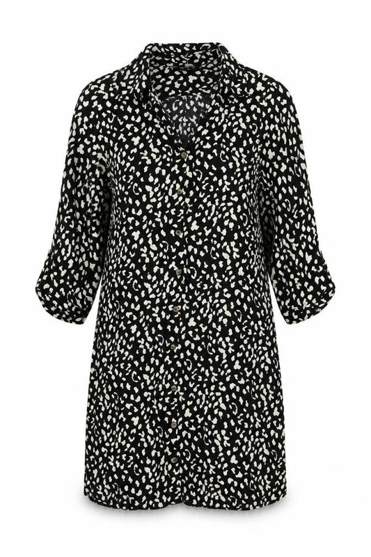 Blue Chameleon Womens Black Animal Print Viscose Shirt Dress Size 10 Collared Button