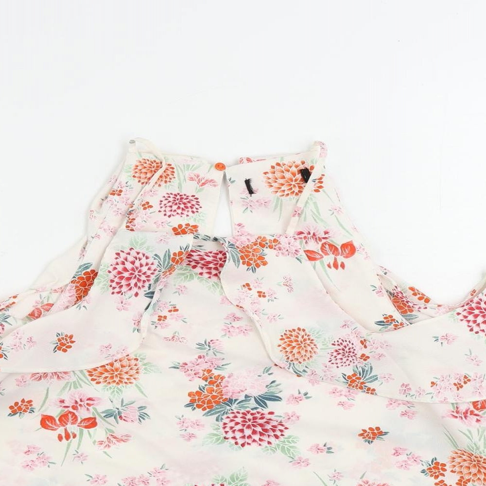 New Look Womens White Floral Polyester Basic Blouse Size 10 Square Neck - Ruffle