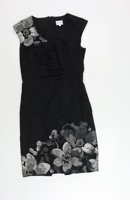 Kaliko Womens Black Cotton Pencil Dress Size 8 V-Neck Zip - Embroidered