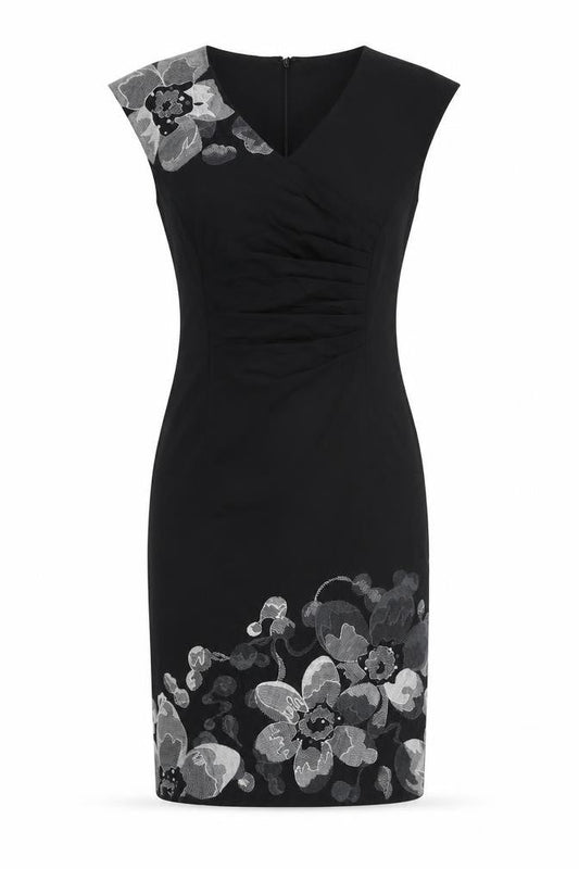 Kaliko Womens Black Cotton Pencil Dress Size 8 V-Neck Zip - Embroidered