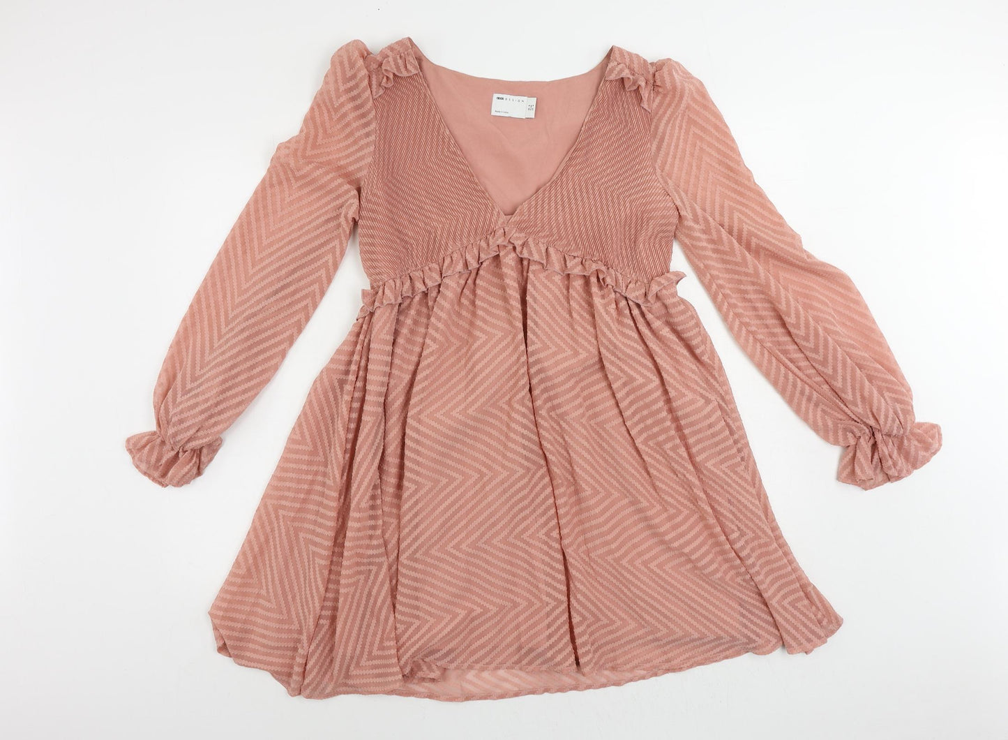 ASOS Womens Pink Striped Polyester Fit & Flare Size 8 V-Neck Pullover - Ruffle