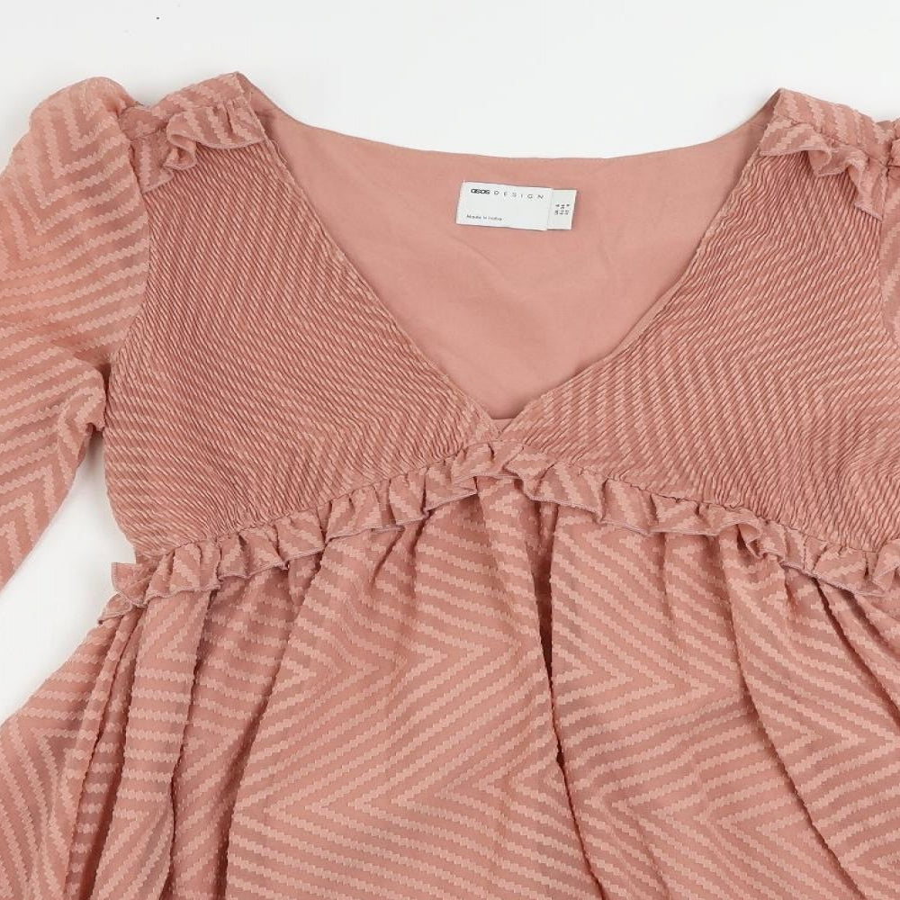 ASOS Womens Pink Striped Polyester Fit & Flare Size 8 V-Neck Pullover - Ruffle
