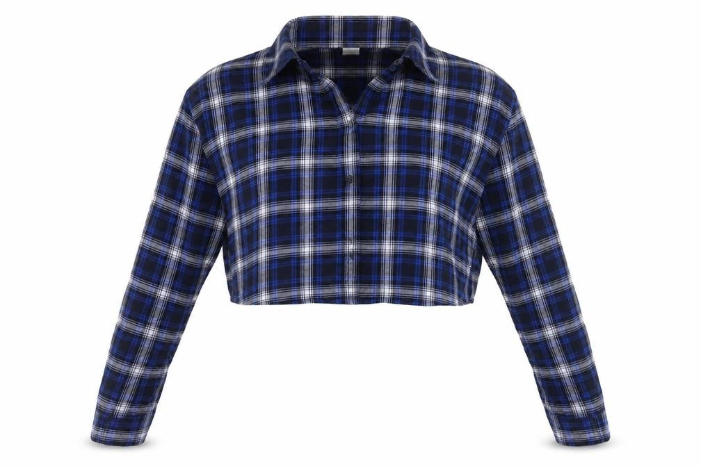H&M Womens Blue Plaid Cotton Cropped Button-Up Size M Collared