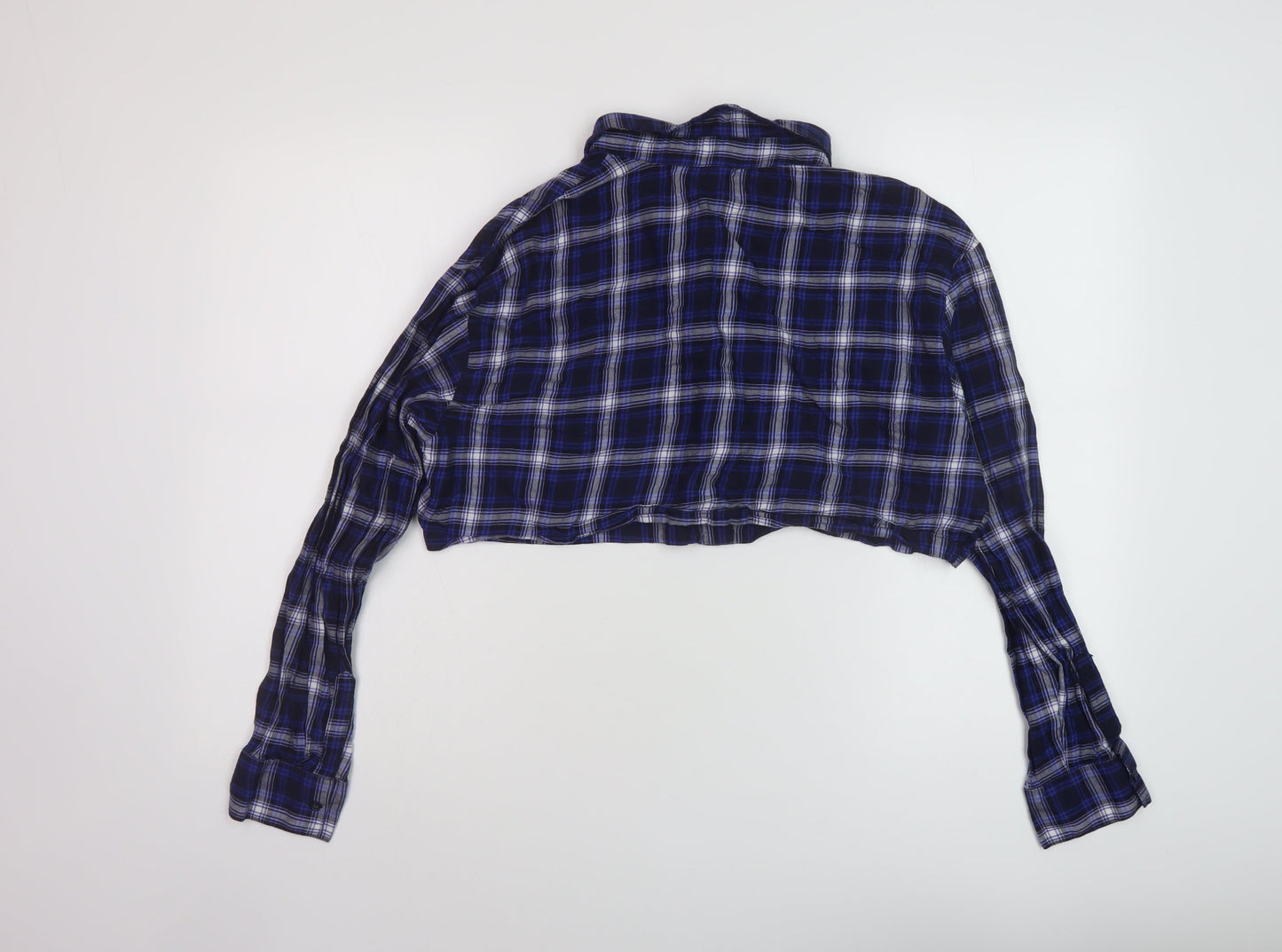 H&M Womens Blue Plaid Cotton Cropped Button-Up Size M Collared