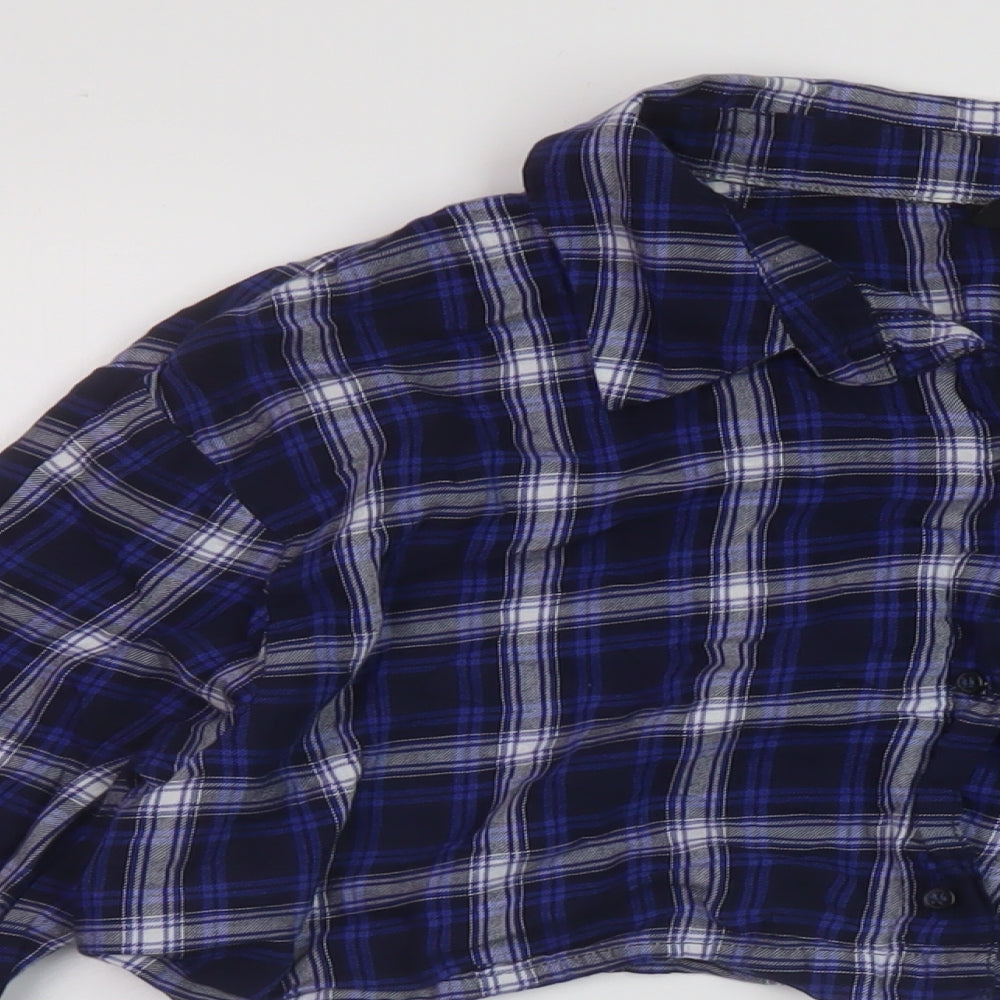 H&M Womens Blue Plaid Cotton Cropped Button-Up Size M Collared