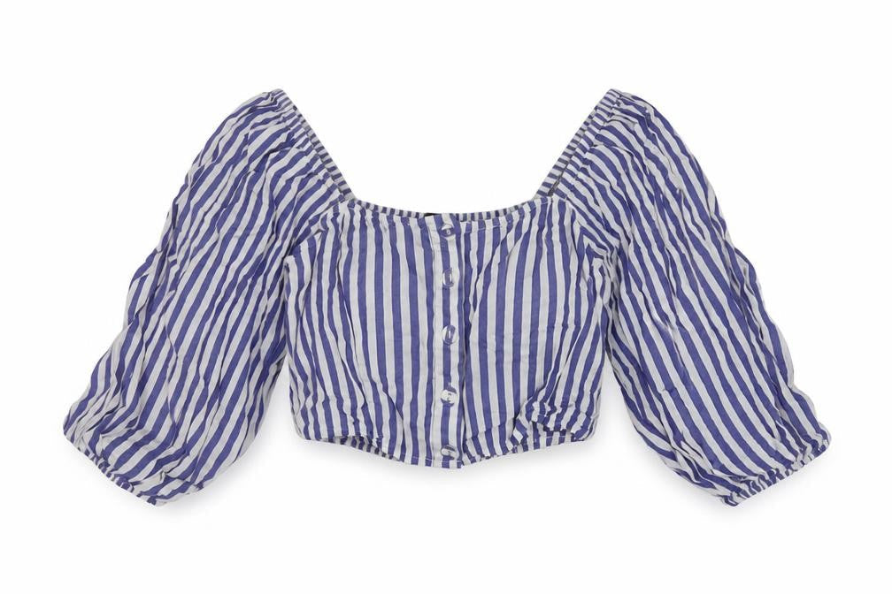 FOREVER 21 Womens Black Striped Cotton Cropped Button-Up Size S Square Neck