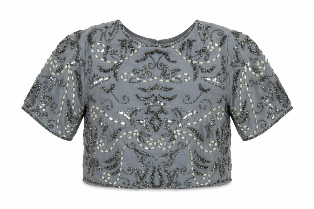 Lace and Beads Womens Grey Geometric Polyester Cropped Blouse Size S Round Neck