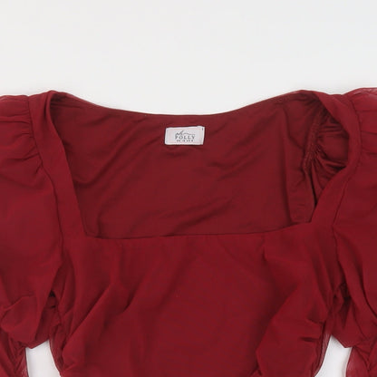 Close-up detail of Ah Polly women’s red polyester basic blouse, size UK 12, square neck