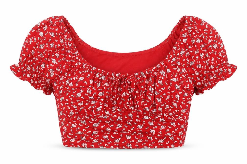 Quiz Womens Red Floral Viscose Cropped Blouse Size 10 Round Neck