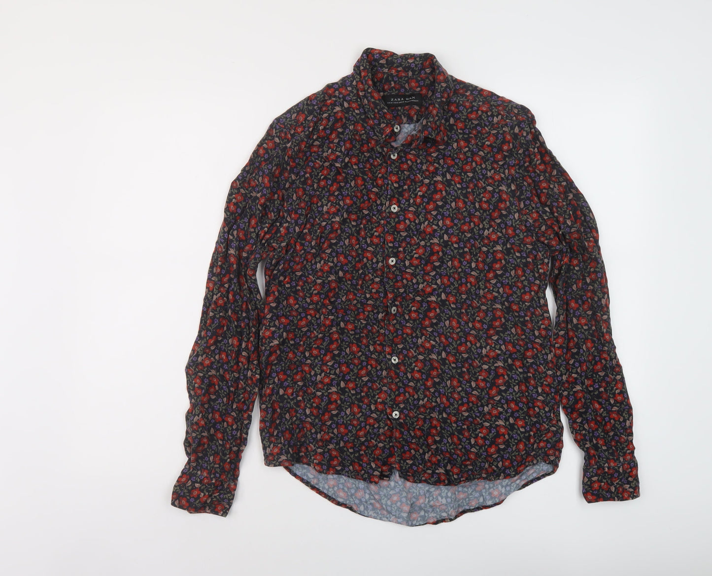 Zara Womens Multicoloured Floral Viscose Basic Button-Up Size M Collared