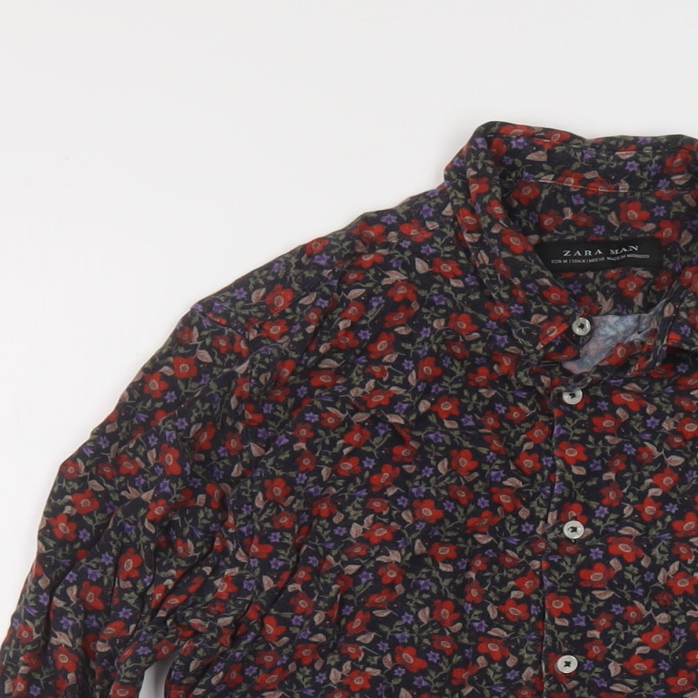 Zara Womens Multicoloured Floral Viscose Basic Button-Up Size M Collared