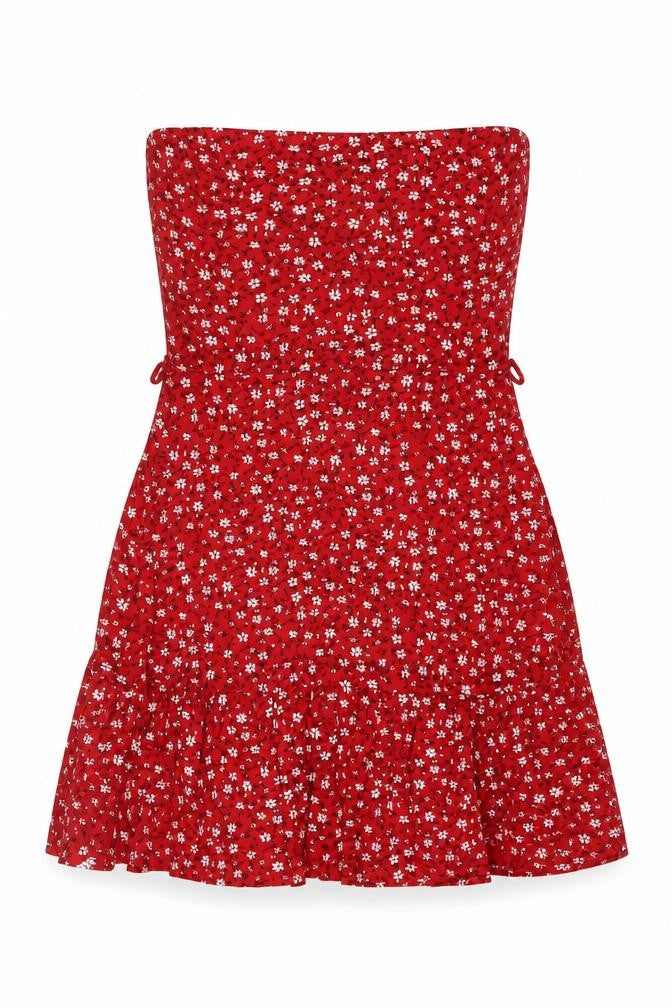 PRETTYLITTLETHING Womens Red Floral Polyester Mini Size 12 Square Neck Pullover