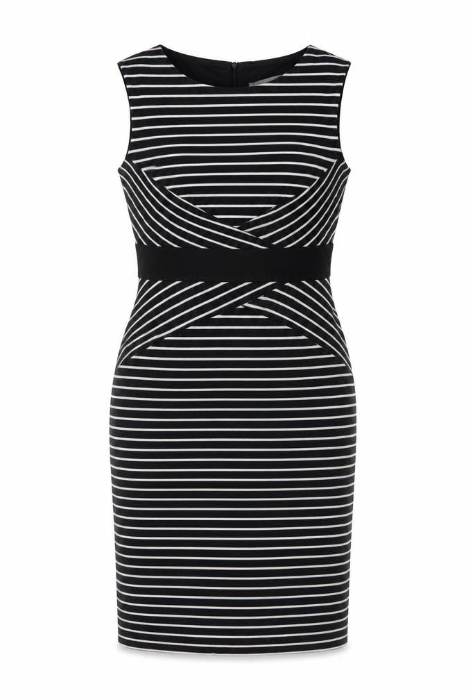 Marks & Spencer Womens Blue Striped Acrylic Sheath Size 14 Round Neck Zip